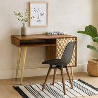 Wyld Haus Beijing Mango Wood Desk 1 Drawer 1 Door Gold Geometric Pattern in Brown