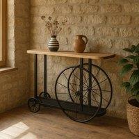 Wyld Haus Shanghai Industrial Oak Console Table with Black Metal Wheels in Brown