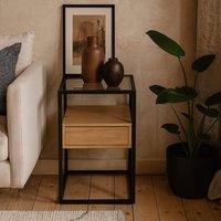 Wyld Haus Wrenna Bedside Table Black & Natural Oak Effect 1 Drawer Glass Top