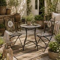 Wyld Haus Lilera 3 Piece Grey Mosaic Tile Bistro Set with Folding Metal Chairs