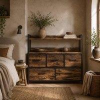 Wyld Haus Yoyota 5 Drawer Rustic Brown Fabric & Wood Storage Chest