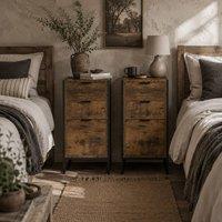 Wyld Haus Naba Set of 2 Rustic Brown Industrial 3 Drawer Bedside Tables