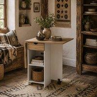Wyld Haus Coyova Oak & White Drop Leaf Dining Table with Drawer & Shelves in Light Oak