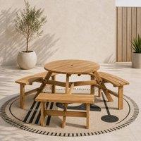 Wyld Haus 6 Seater Round Fir Wood Picnic Table with 3 Benches & Parasol Hole in Red