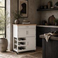 Wyld Haus Hala White Rolling Kitchen Island with Wine Rack 1 Drawer & 3 Doors