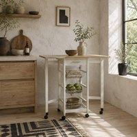Wyld Haus Ziha Drop Leaf Kitchen Trolley Oak & White with Baskets & Wheels in Light Oak