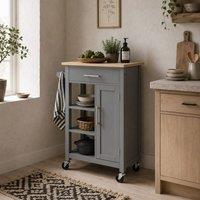Wyld Haus Grey Compact Kitchen Trolley with Wooden Top Drawer & Open Shelves
