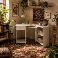 Wyld Haus Bavise 120cm White L Shaped Corner Desk with Keyboard Tray & Storage