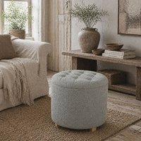 Wyld Haus Valefi Teddy Fleece Grey Storage Ottoman Round Button Tufted Lid