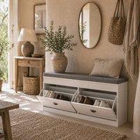 Wyld Haus Nedola White Shoe Storage Bench with Cushioned Seat 2 Flip Drawers