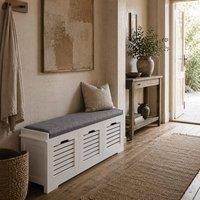 Wyld Haus Vesava White 3 Drawer Slatted Shoe Bench with Grey Padded Seat