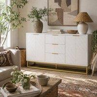 Wyld Haus Luka White Sideboard 3 Drawers 2 Doors Chevron Design Gold Accents
