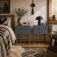 Wyld Haus Lika Set of 2 Grey & Gold Bedside Tables with Ribbed Drawers