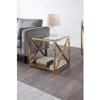 Julian Bowen Miami Glass Top Cross Frame Side Table with Shelf in Gold