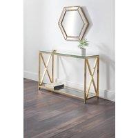 Julian Bowen Miami Glass Top Cross Frame Console Table with Shelf in Gold