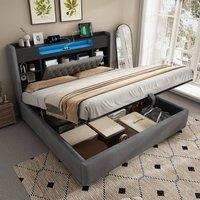 BTM Upholstered Ottoman Bed Frame LED Charging Hydraulic Storage Bed in Grey | Size: Double