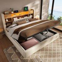 BTM Upholstered Ottoman Bed Frame LED Charging Hydraulic Storage Bed in Beige | Size: Double