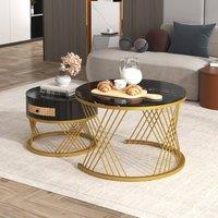 Merax 2 Piece Round Marble Effect Coffee Table Set with Drawer in Black