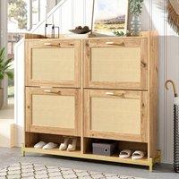Merax Hallway Wood Effect Rattan Shoe Cabinet with 4 Tilt-Out Doors in Natural