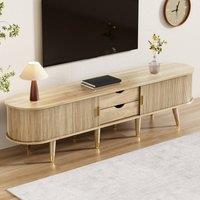 Merax Mid-Century 175cm Oval TV Stand with Slatted Sliding Doors in Light Oak
