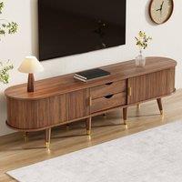 Merax Mid-Century 175cm Oval TV Stand with Slatted Sliding Doors in Walnut