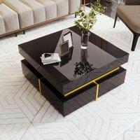 Merax 70cm Square High-Gloss Coffee Table with Two Drawers & Gold Accents in Black