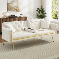 Merax 174cm Velvet Sofa Bed with Fold-Down Cup Holders & Gold Trim in White