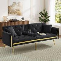 Merax 174cm Velvet Sofa Bed with Fold-Down Cup Holders & Gold Trim in Black
