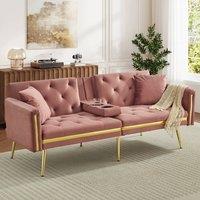Merax 174cm Velvet Sofa Bed with Fold-Down Cup Holders & Gold Trim in Pink