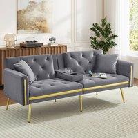 Merax 174cm Velvet Sofa Bed with Fold-Down Cup Holders & Gold Trim in Grey
