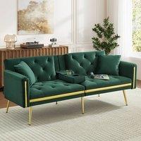 Merax 174cm Velvet Sofa Bed with Fold-Down Cup Holders & Gold Trim in Green