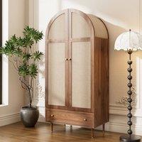 Merax Arched Walnut Look Wardrobe with Fabric Doors & Drawer