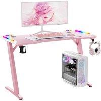 KEEPREAPER Stylish Computer Gaming Desk With LED Lights & Cup Holder in Pink