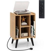 Gymax Record Player Stand Raised Turntable Stand With Charging Station in Light Oak
