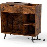 Gymax Record Player Stand Wooden End Table With Power Strip & 3 Dividers in Brown