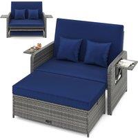 Costway PE Wicker Daybed w/4-Level Backrest 2PCS Patio Rattan Furniture Set in Navy