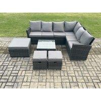 Fimous Rattan Garden Furniture Set Outdoor Lounge Corner Sofa Set With Square Coffee Table 3 Footstools 9 Seater in Dark Grey