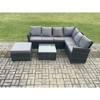 Fimous Rattan Garden Furniture Set Outdoor Lounge Corner Sofa Set With Square Coffee Table Big Footstool 7 Seater in Dark Grey