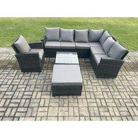 Fimous 8 Seat Rattan Garden Furniture Corner Sofa Set Outdoor Patio Sofa Chair Table Set with Big Footstool Dark Grey Mixed