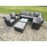 Fimous 9 Seat Rattan Garden Furniture Corner Sofa Set Outdoor Patio Sofa Table Set with Big Footstool 2 Armchairs Dark Grey Mixed
