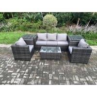 Fimous Rattan Garden Furniture Set with 3 Seater Sofa Coffee Table 2 Side Tables Indoor Outdoor Patio Lounge Sofa Set in Dark Grey
