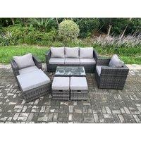 Fimous Outdoor Rattan Garden Furniture Set with 3 Seater Sofa Coffee Table 2 Armchairs 3 Footstools Patio Lounge Sofa Set in Dark Grey