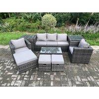 Fimous 8 Seater Rattan Garden Furniture Set Outdoor Patio Sofa Set with 2 Armchairs 2 Side Tables Oblong Table 3 Footstools in Dark Grey