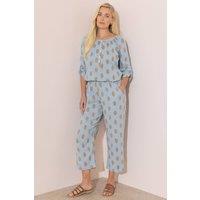 Klass. Women's Geometric Embroidered Wide Leg Cropped Cotton Trousers in Duck Egg Blue | Size: 20