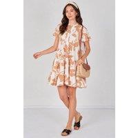 Love Sunshine Women's Mocha Floral Print Short Sleeve Flared Mini Dress in Nude | Size: XL