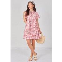 Love Sunshine Women's Coral Leaf Print Tiered Mini Dress in Red | Size: Medium