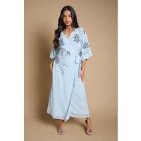 Oasis Women's Petite Kimono Sleeve Trailing Embellished Maxi Dress in Dusty Blue | Size: 8