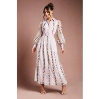Coast Women's Embroidered Mesh & Lace Blouson Sleeve Belted Midi Dress in Lilac | Size: 12