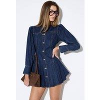 MissPap Women's Premium Denim Pleat Hem Balloon Sleeve Dress in Authentic Midwash | Size: 8