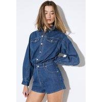 MissPap Women's Structured Shoulder Denim Playsuit in Mid Wash | Size: 12